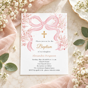 Invitation de baptême fille aux florales à ruban r