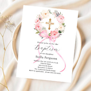 Invitation de baptême fille avec noeud couronne fl