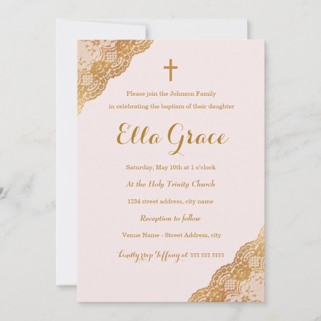 Invitation de baptême Fille Dentelle Or Rose + (Devant)