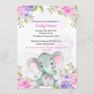 Invitation de baptême fille éléphant aquarelle flo