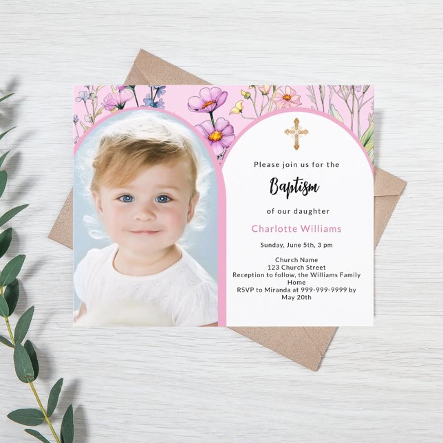 Invitation de baptême fille fleurs arche photo ros (Créateur téléchargé)