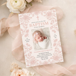 Invitation de baptême fille fleurs roses