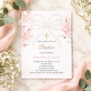 Invitation de baptême fille fleurs ruban rose perl