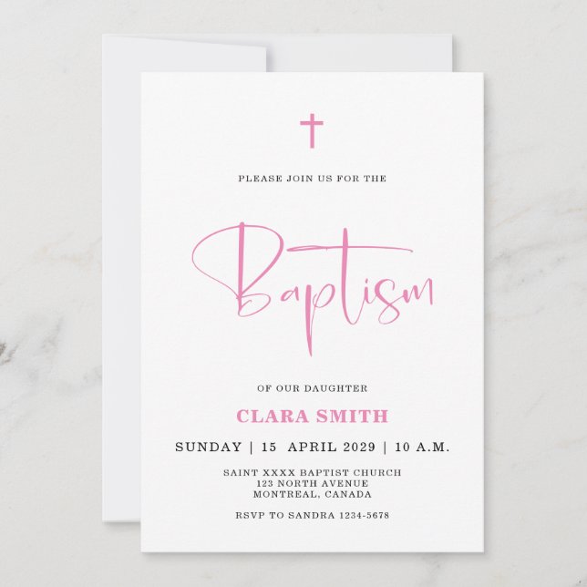 Invitation de baptême fille minimaliste rose (Devant)