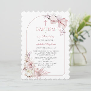 Invitation de baptême fille modèle rose bohème