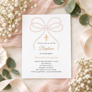 Invitation de baptême fille perles arc rose