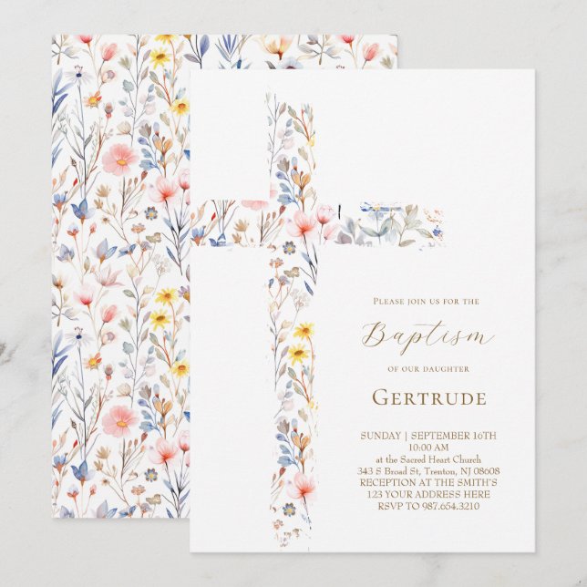 Invitation de baptême fleurs aquarelle croix (Devant / Derrière)