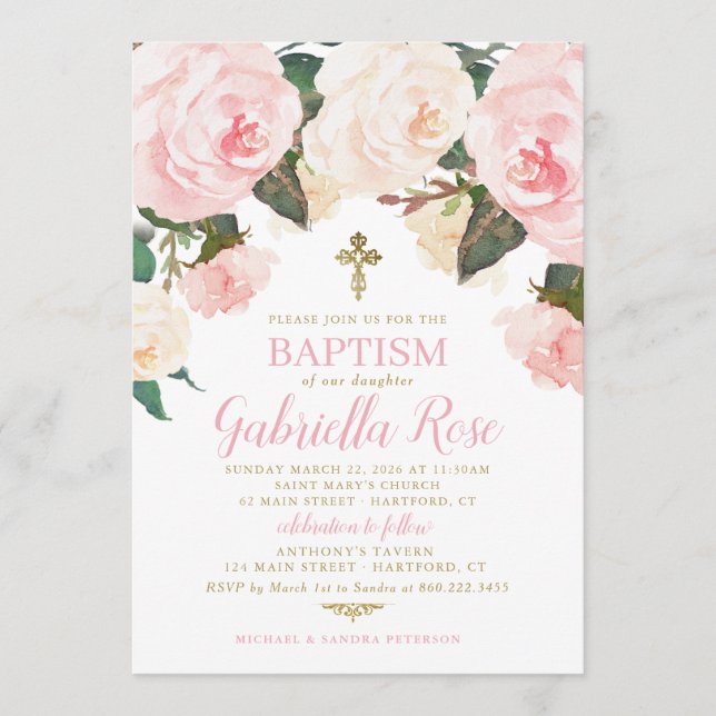 Invitation de baptême | Fleurs roses dorées (Devant)