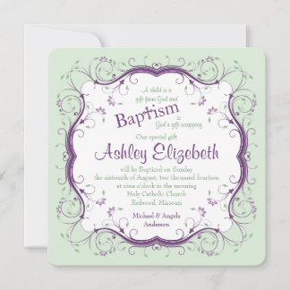 Invitation de Baptême Floral à rouleaux vert viole