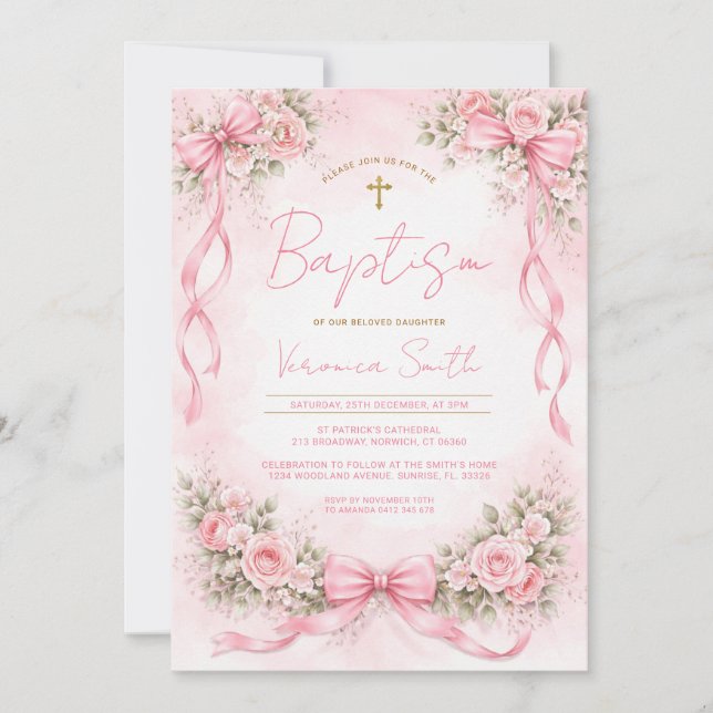 Invitation de baptême floral à ruban rose pour fil (Devant)