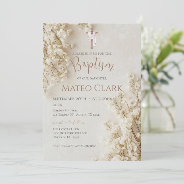 Invitation de baptême floral bohème (Debout devant)