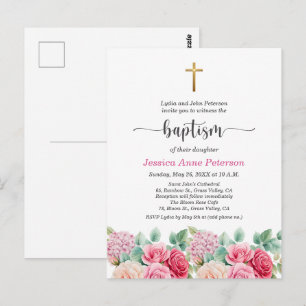 Invitation de baptême floral de roses croisées or