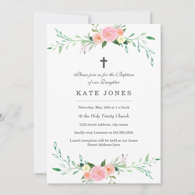 Invitation de baptême floral doux (Devant)