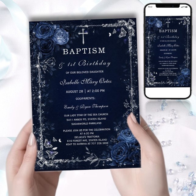 Invitation de baptême floral sombre bleu foncé hum (Créateur téléchargé)