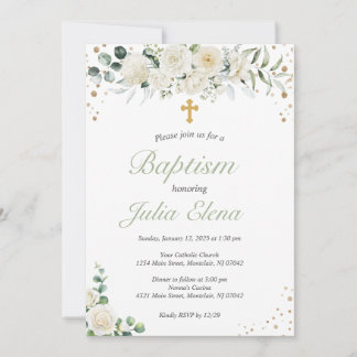 Invitation de baptême floral vert