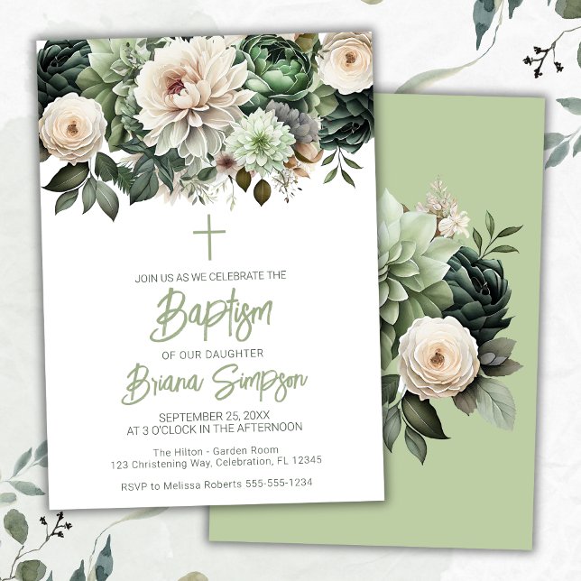 Invitation de baptême floral vert sauge (Créateur téléchargé)