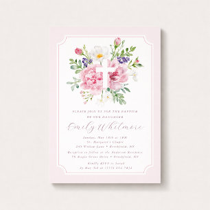 Invitation de baptême florale aquarelle rose pour