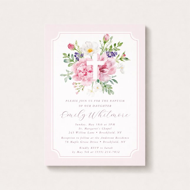 Invitation de baptême florale aquarelle rose pour  (Créateur téléchargé)
