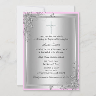 Invitation de baptême florale argentée