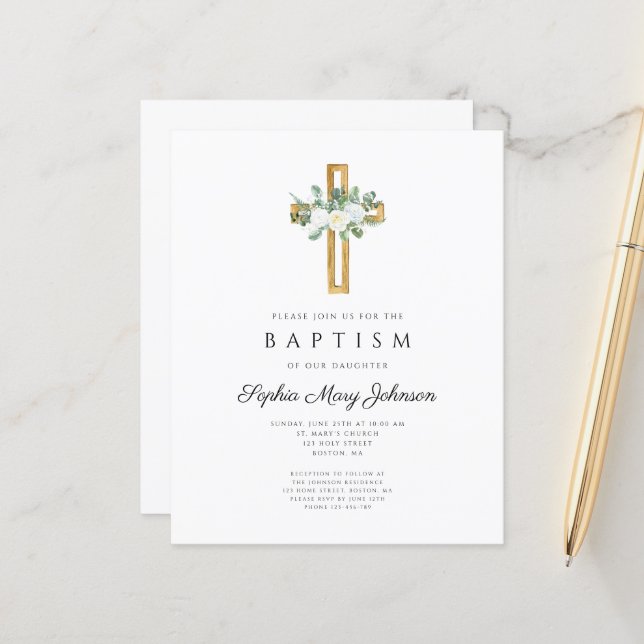 Invitation de baptême florale blanche à croix reli (Devant/Arrière en situation)