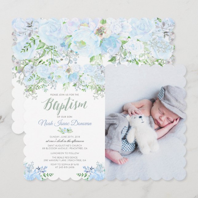 Invitation de baptême florale bleue (Devant / Derrière)