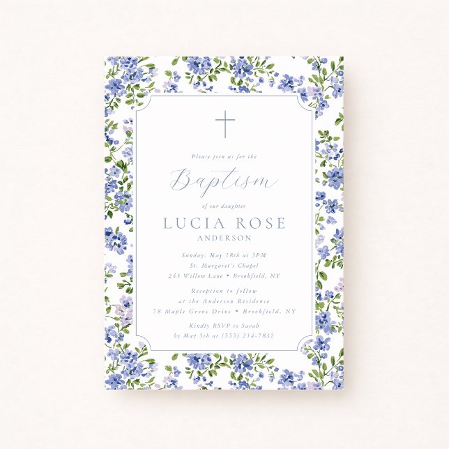 Invitation de baptême florale bleue pour fille (Créateur téléchargé)