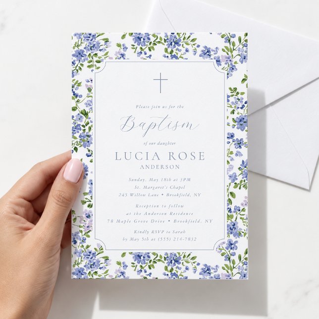Invitation de baptême florale bleue pour fille (Créateur téléchargé)
