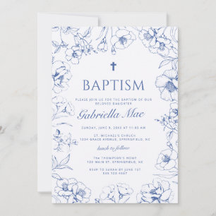 Invitation de baptême florale bleue traditionnelle