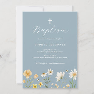 Invitation de baptême florale jaune bleu poussiére