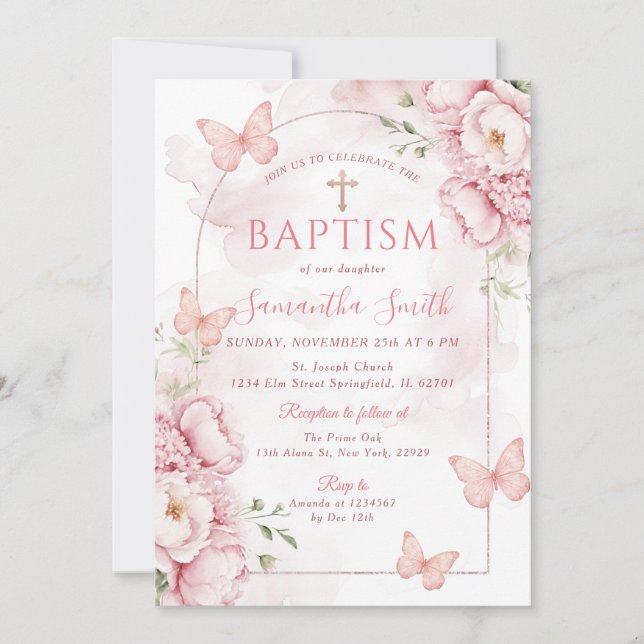 Invitation de baptême florale rose avec papillons (Devant)