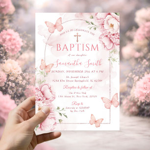 Invitation de baptême florale rose avec papillons