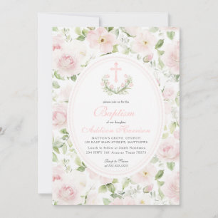 Invitation de baptême florale rose, baptême de fil