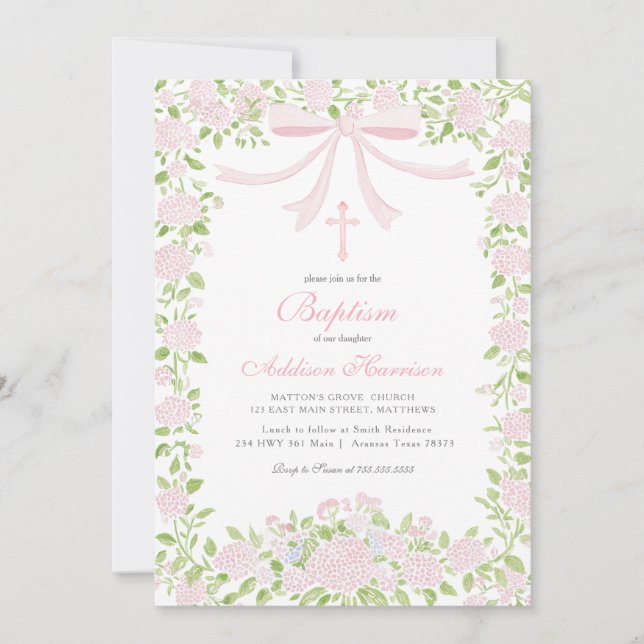 Invitation de baptême florale rose, baptême de fil (Devant)