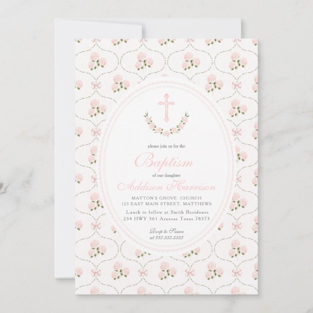 Invitation de baptême florale rose, baptême de fil (Devant)