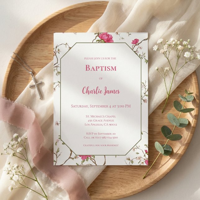 Invitation de baptême florale rose botanique (Créateur téléchargé)