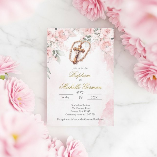 Invitation de baptême florale rose croix (Créateur téléchargé)