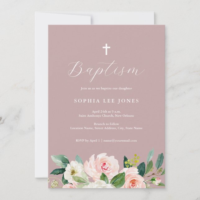 Invitation de baptême florale rose poussiéreuse (Devant)