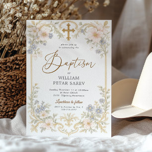 Invitation de baptême florale vintage avec croix o
