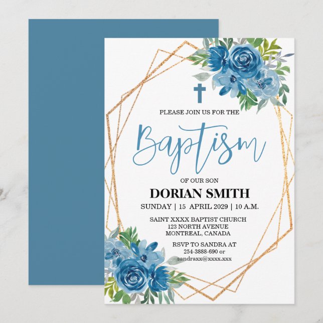 Invitation de baptême garçon à motif floral bleu (Devant / Derrière)