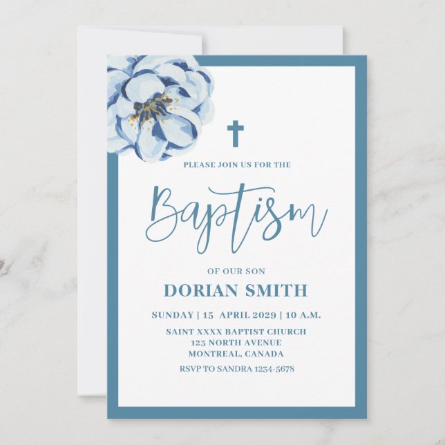 Invitation de baptême garçon à motif floral bleu (Devant)