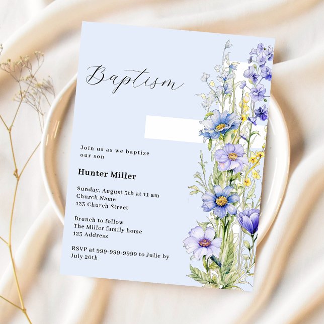 Invitation de baptême garçon à motifs floraux bleu (Créateur téléchargé)