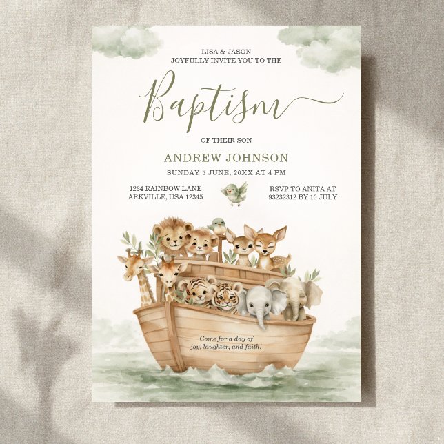 Invitation de baptême garçon Arche de Noé vert sau (Créateur téléchargé)
