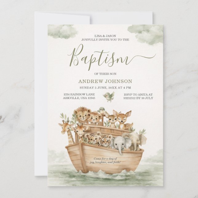 Invitation de baptême garçon Arche de Noé vert sau (Devant)