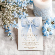 Invitation de baptême garçon au nœud floral bleu