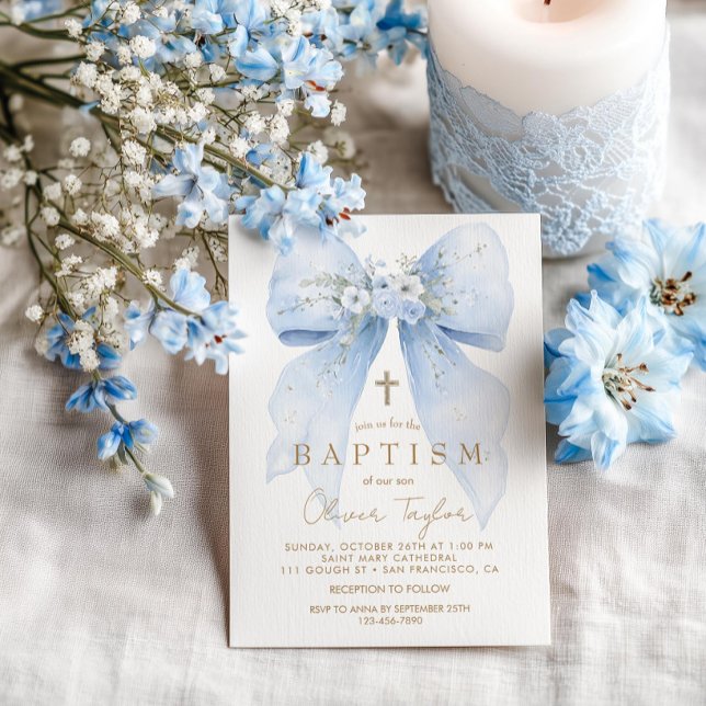 Invitation de baptême garçon au nœud floral bleu (Créateur téléchargé)