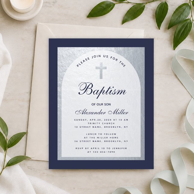 Invitation de baptême garçon Budget Argent Bleu Ma (Créateur téléchargé)