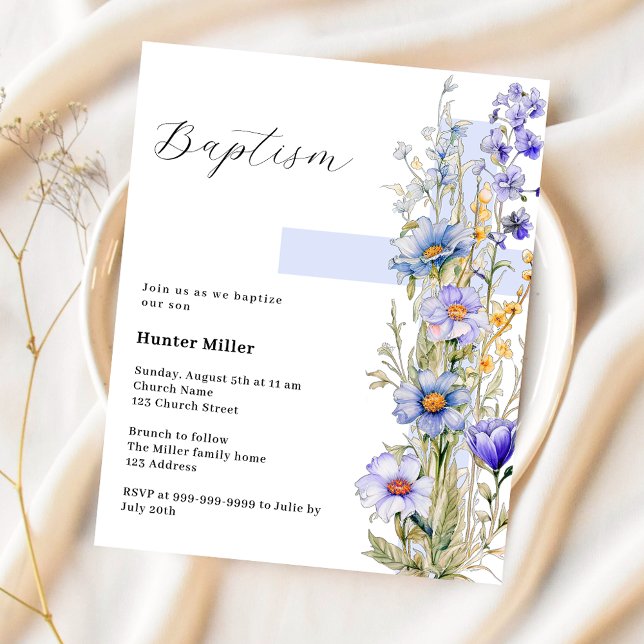 Invitation de baptême garçon croix bleue florale (Créateur téléchargé)