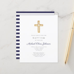 Invitation de baptême garçon croix rayures bleu ma