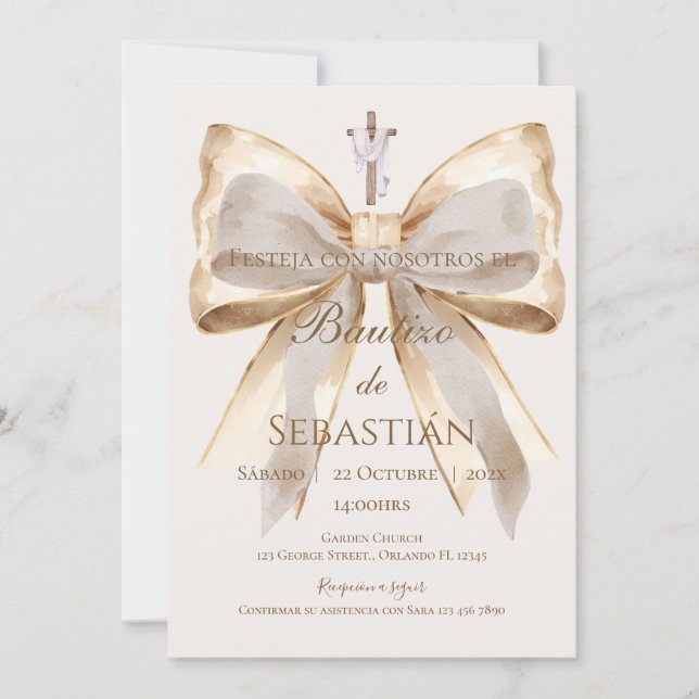 Invitation de baptême garçon en espagnol Boho (Devant)