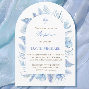 Invitation de baptême garçon feuillage pastel bleu